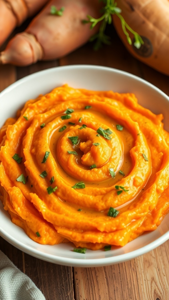 Creamy mashed sweet potatoes in a bowl, garnished with olive oil and herbs, on a wooden table.